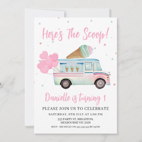 Ice cream Van Heres the Scoop 1st Birthday Invitation