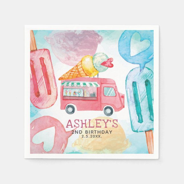 Ice Cream Watercolor Birthday Napkins (Front)
