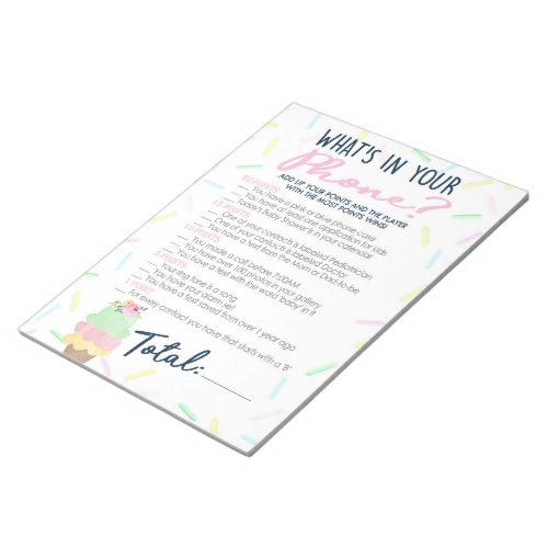 Ice Cream Whats In Your Phone Bridal Shower Game Notepad