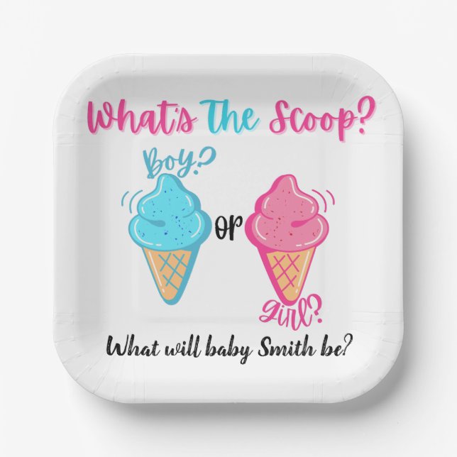 Ice Cream What's the Scoop Gender Reveal Custom Paper Plates (Front)