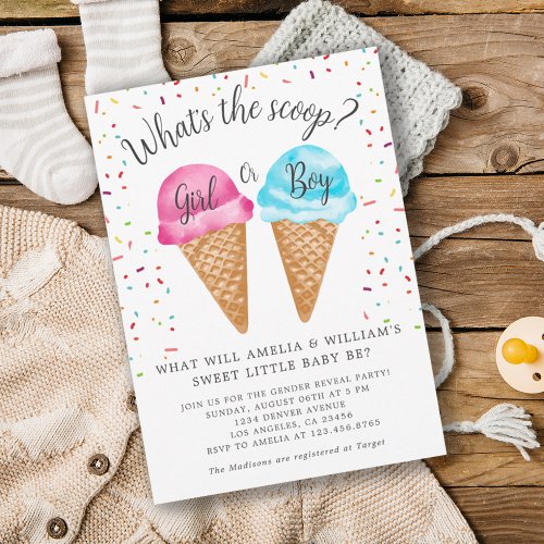 Ice Cream Whats The Scoop Gender Reveal Party Invitation