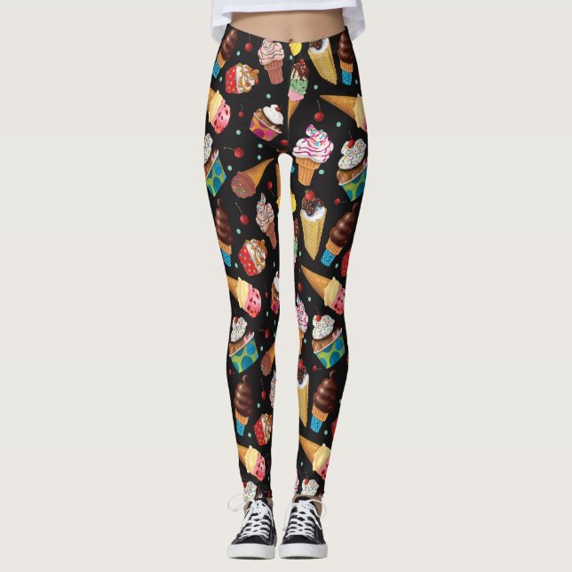 Ice Cream Whimsical Patterned Leggings Black (Front)
