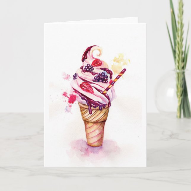 Ice cream with strawberry and blackberry holiday card (Front)