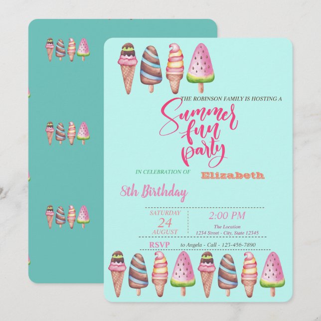 Ice Creams Cones Summer Birthday Party  Invitation (Front/Back)