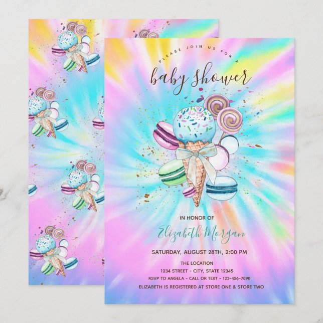 Ice Creams Macaroons Summer Tie Dye Baby Shower   Invitation (Front/Back)