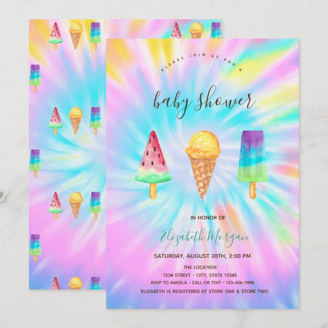 Ice Creams Summer Tie Dye Baby Shower  Invitation (Front/Back)