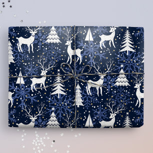 Ice Crystal Christmas Deer Cobalt Blue Wrapping Paper