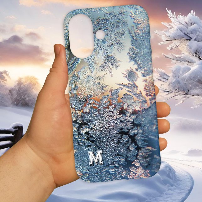 Ice Crystal Monogram Winter Case-Mate iPhone Case (Winter phone case featuring artistic ice crystals on a window in blue, pale orange and ivory colors)