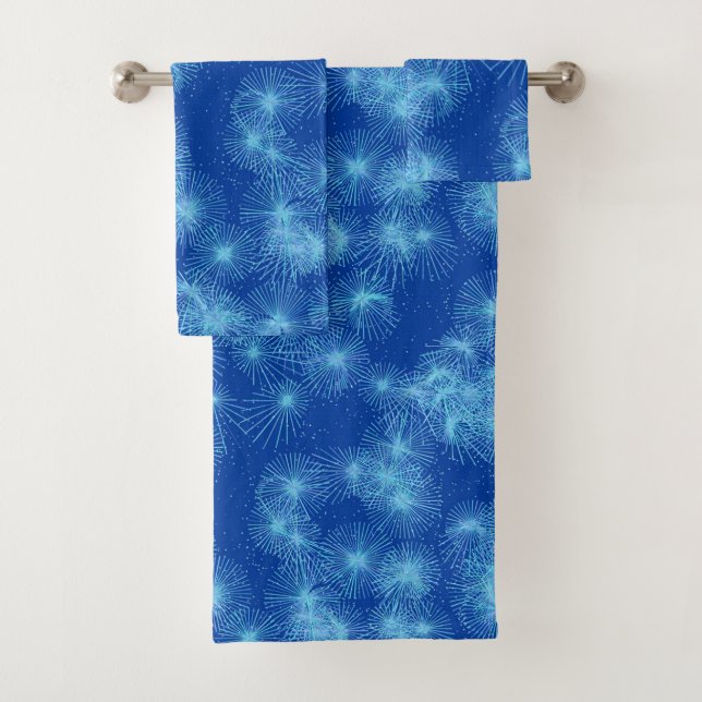 Ice Crystal Starbursts, Deep Blue Background Bath Towel Set (Insitu)