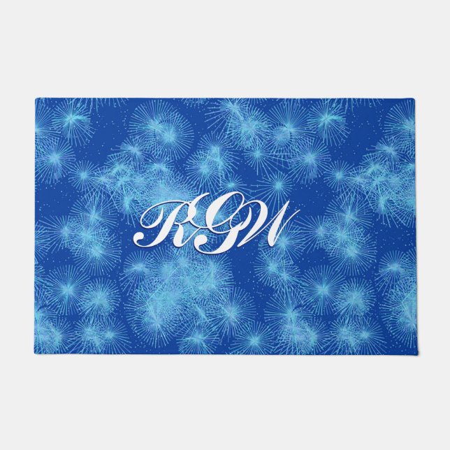 Ice Crystal Starbursts, Deep Blue with Monogram Doormat (Front)