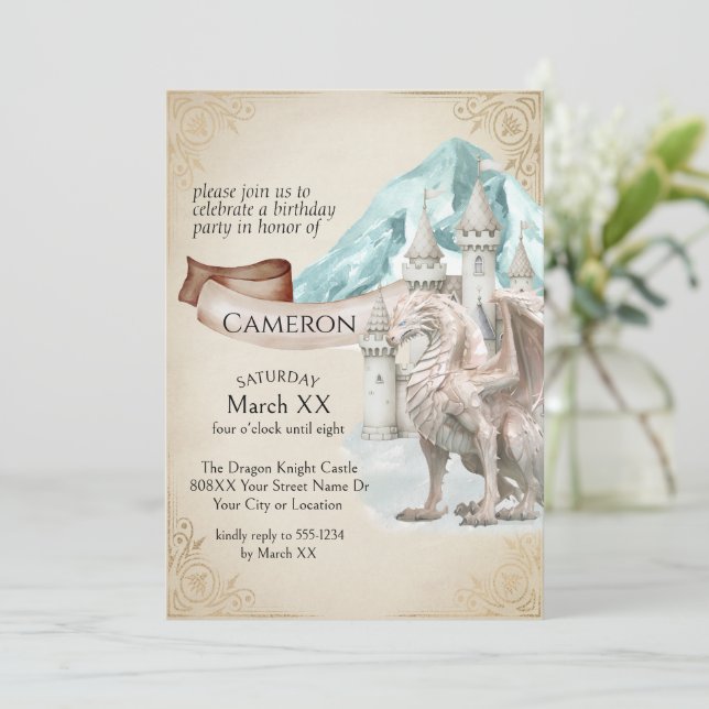 Ice Dragon and Castle Fantasy Party Invitation (Standing Front)