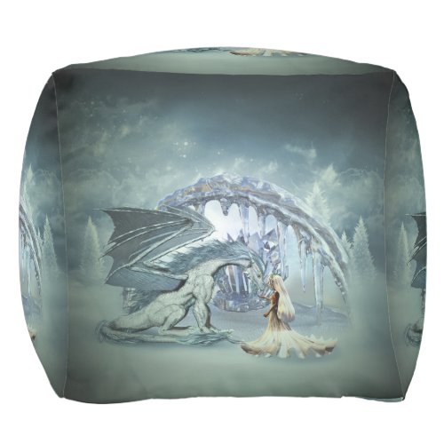 Ice dragon and ice princess in the winter landscap pouf