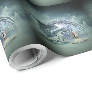 Ice dragon and ice princess in the winter landscap wrapping paper
