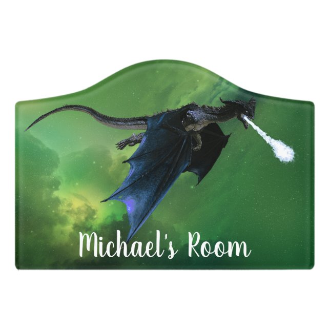 Ice Dragon Nebula Space Child Personalized Door Sign (Small Crest Front)