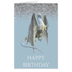Ice Dragon Silver Glitter Birthday Card