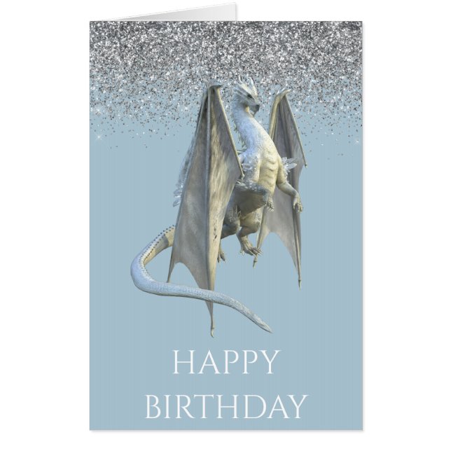 Ice Dragon Silver Glitter Birthday Card (Front)