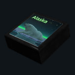 Ice Edge Polar Bear Jewelry Box<br><div class="desc">A peaceful moment in the long Arctic night. A Polar Bear rests at the edge of an open area in the pack ice.The Northern Lights glow in the distance; bright stars twinkle overhead. Text reading "Alaska" appears in glowing green and white. Polar bears are endangered. How much longer will scenes...</div>