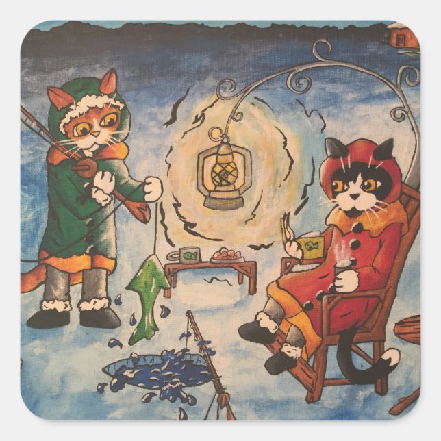 Ice Fishing at Night Cats Square Sticker (Front)