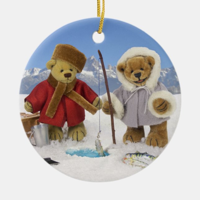 Ice Fishing Dinky Bears Ceramic Ornament (Front)