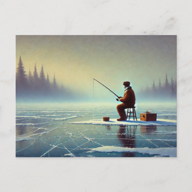 Ice Fishing on a misty frozen lake Postcard (Front)