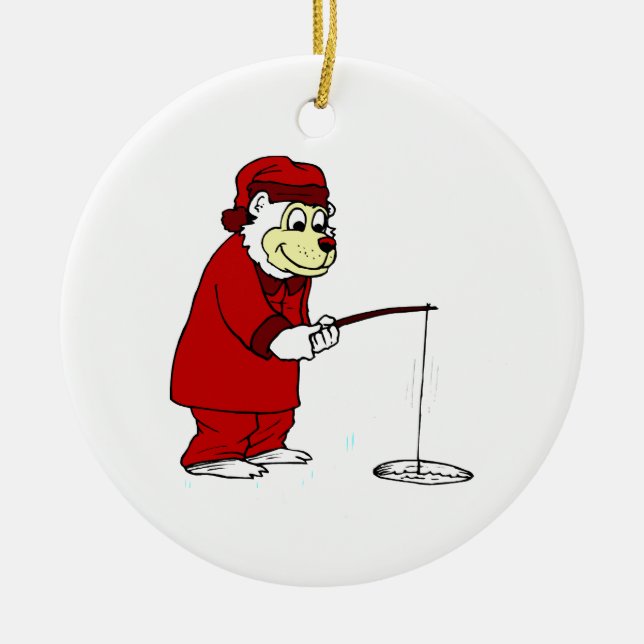 Ice Fishing Polar Bear in PJs Ceramic Ornament (Front)