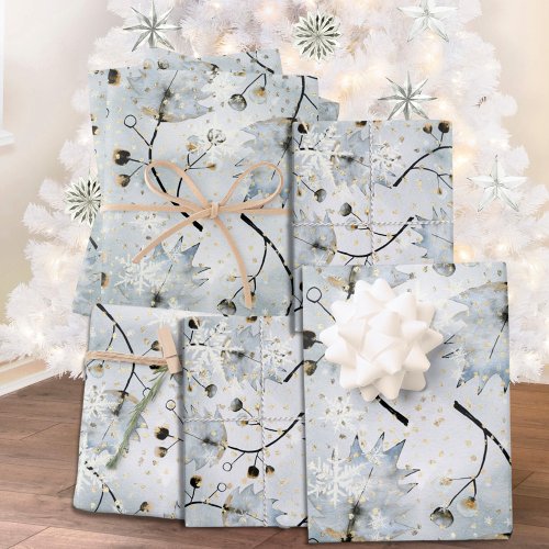 Ice Gray Winter Holly Berries Golden Snowfall Wrapping Paper Sheets