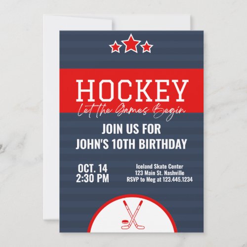 Ice Hockey Birthday Blue Red Stripe Invitation