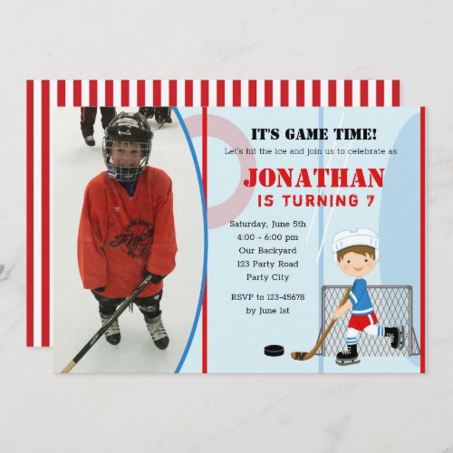 Ice Hockey Birthday Invitations Photo Boy Brunette