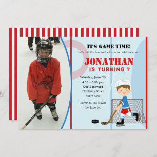 Ice Hockey Birthday Invitations Photo Boy Brunette