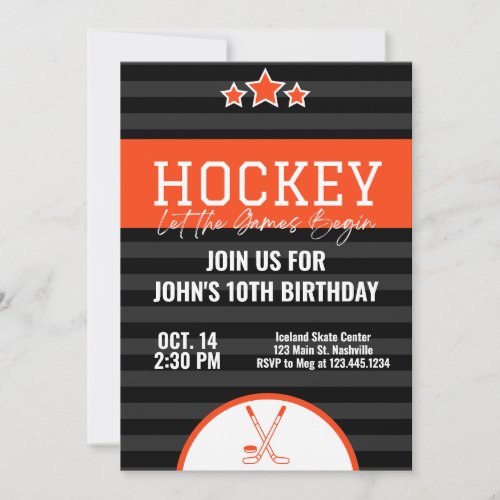 Ice Hockey Birthday Orange Black Stripe Invitation