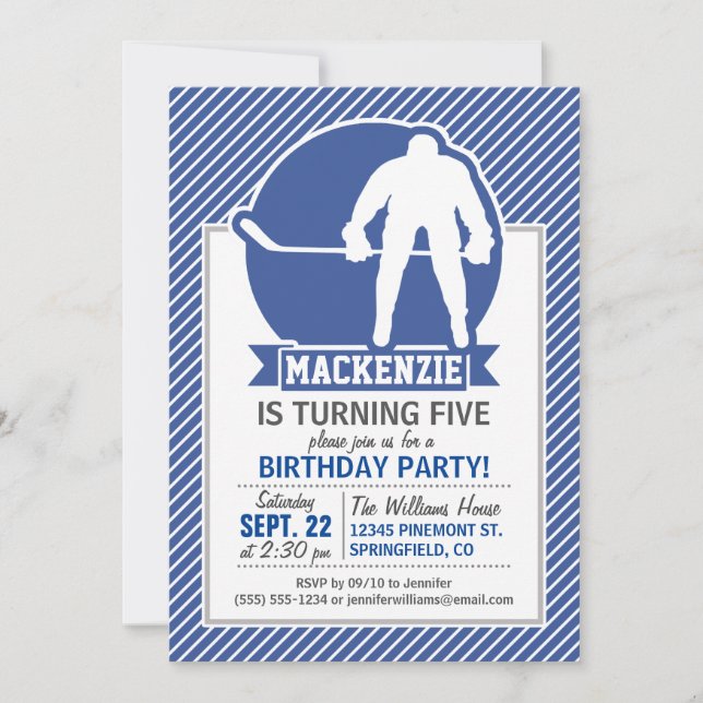 Ice Hockey, Blue & White Stripes, Sports Invitation (Front)