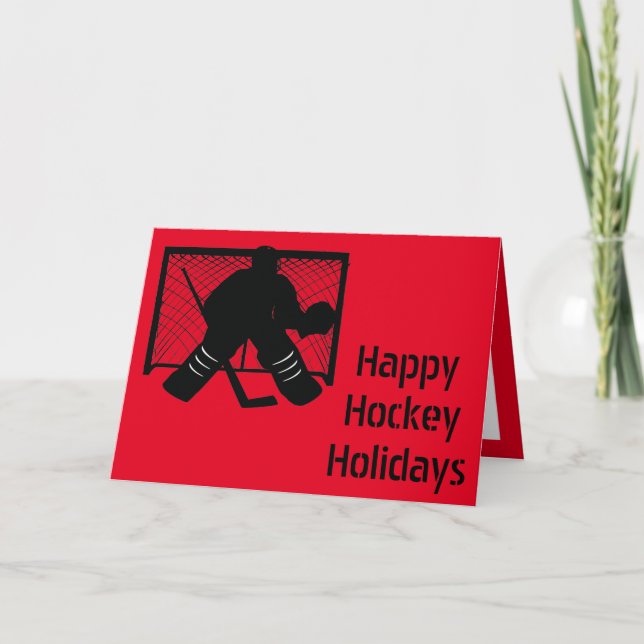 Ice hockey Christmas card - black red goalie (Front)