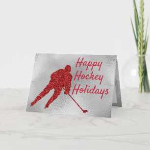 Ice hockey Christmas card - red sparkle & silver