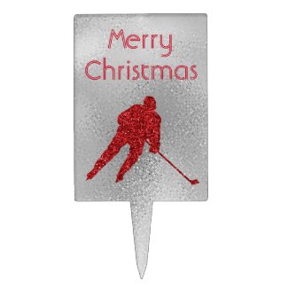 Ice hockey Christmas decor - Silver Red sparkle Cake Topper