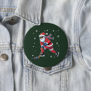 Ice Hockey Christmas Santa Playing Ice Sports Team Button