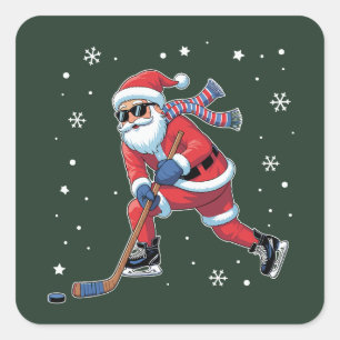 Ice Hockey Christmas Santa Playing Ice Sports Team Square Sticker