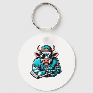Ice Hockey Cow With Shades Attitude  Keychain