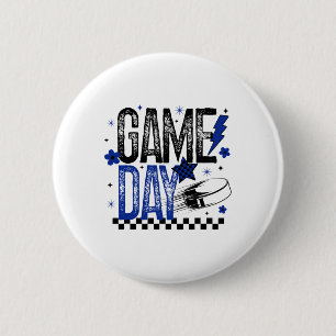 Ice Hockey Game Day Hockey Mom Retro Blue And Blac Button