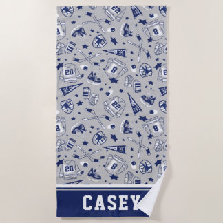 Ice Hockey Gear Grey Navy White Outline Print Beach Towel