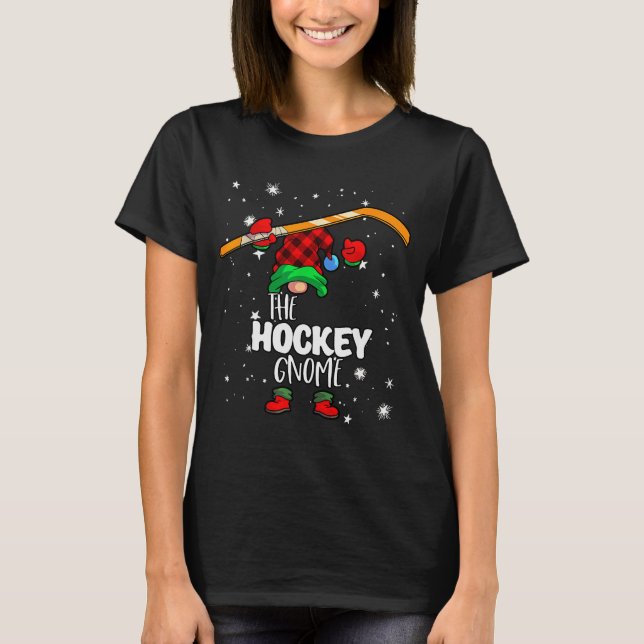 Ice Hockey Gnome Red Buffalo Plaid Matching Family T-Shirt (Front)