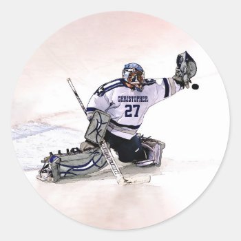 Ice Hockey Goalkeeper With Your Name Drawing Classic Round Sticker by HumusInPita at Zazzle