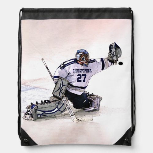 Ice Hockey Goalkeeper With Your Name Drawing Drawstring Bag