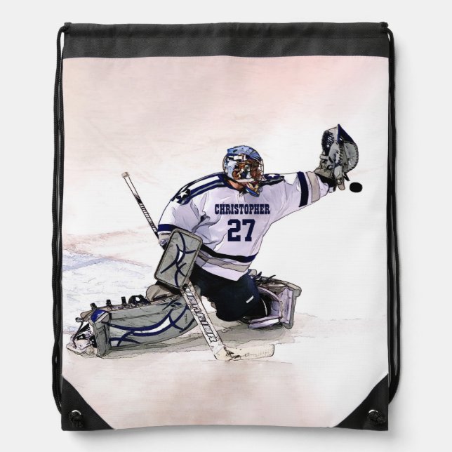 Ice Hockey Goalkeeper With Your Name Drawing Drawstring Bag (Front)