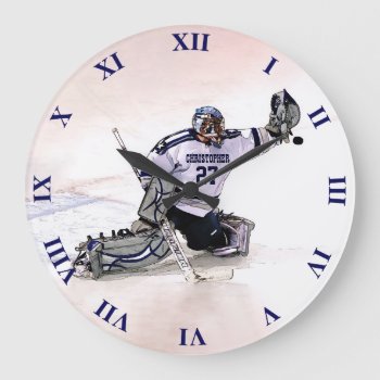 Ice Hockey Goalkeeper With Your Name Drawing Large Clock by HumusInPita at Zazzle