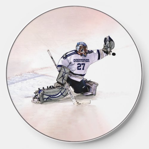 Ice Hockey Goalkeeper With Your Name Drawing Wireless Charger