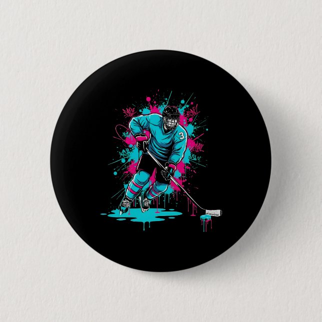 Ice Hockey Ice Cream Drip Number 3 Boys 3rd Birthd Button (Front)