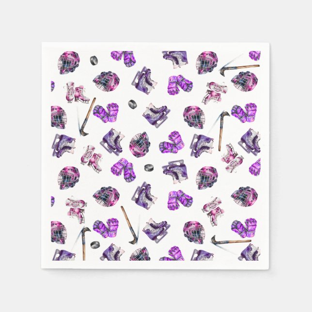 Ice Hockey Ice-Skating Girls Pink Purple Birthday  Napkins (Front)