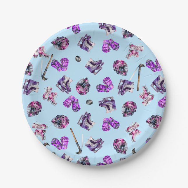 Ice Hockey Ice-Skating Girls Pink Purple  Paper Plates (Front)
