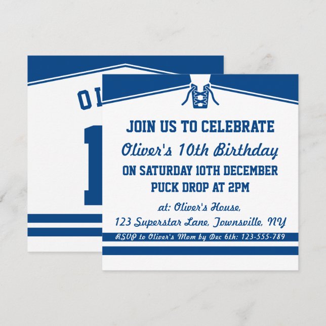 Ice Hockey Jersey Themed Party Invitations, Blue Invitation (Front/Back)