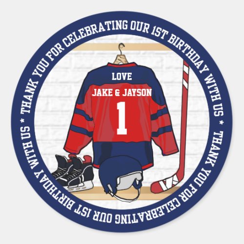 Ice Hockey Jersey Twins 1st Birthday Classic Round Sticker